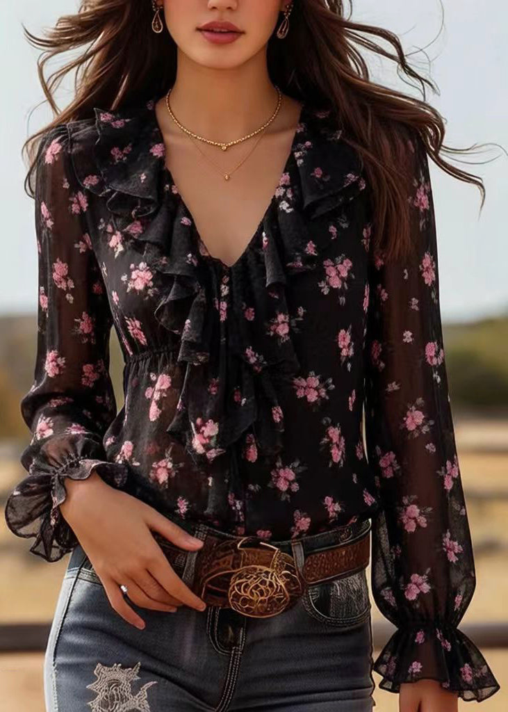 Black Ruffled Print Chiffon Top Spring