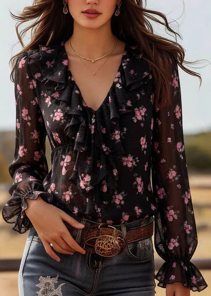 Black Ruffled Print Chiffon Top Spring