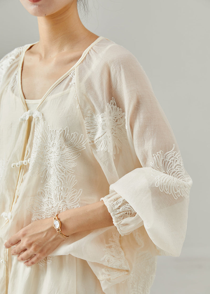 Beige Embroidered Chinese Button Silk Two Pieces Set Spring