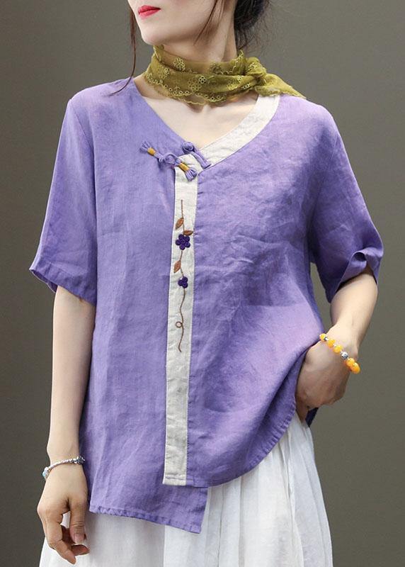 Purple Embroideried Asymmetrical Design Patchwork Summer Linen Blouse Top Short Sleeve