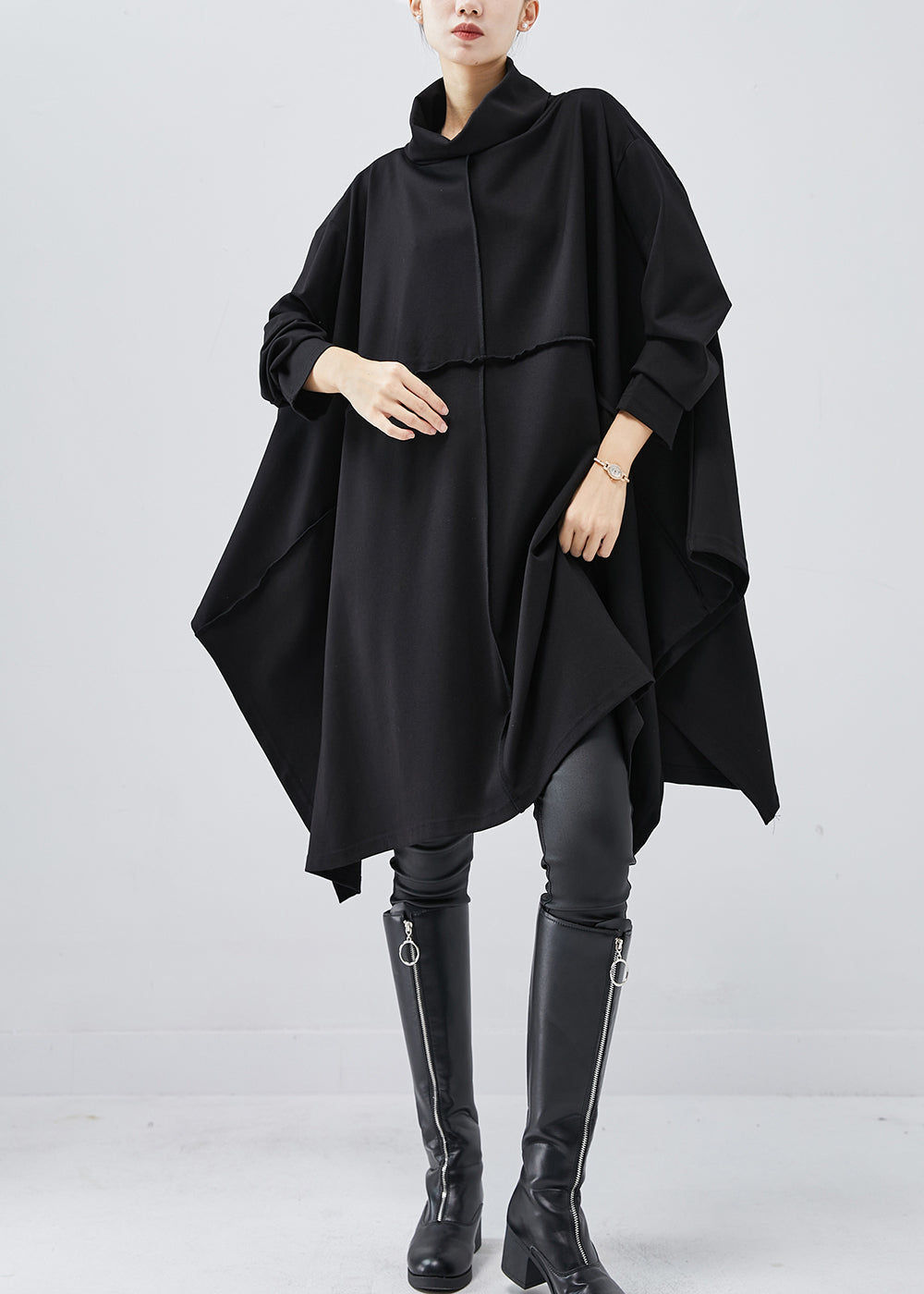 Black Turtle Neck Asymmetrical Exra Large Hem Cotton Dress Spring