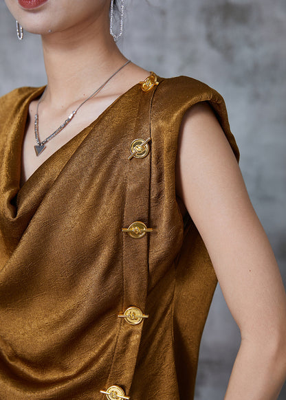 Brown Asymmetrical Patchwork Silk Beach Vest Summer