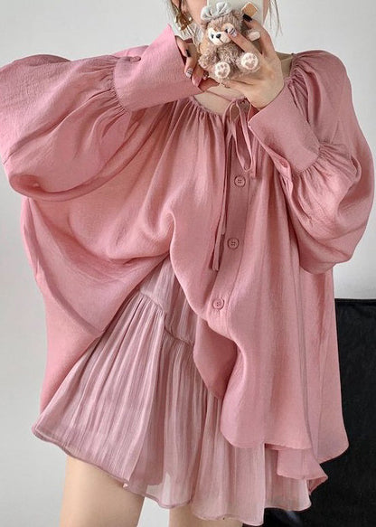 Pink Wrinkled Loose Cotton Blouse O Neck Spring