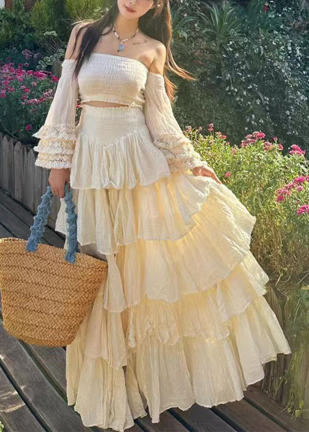 Novelty Apricot Slash Neck Wrinkled Cotton Two Piece Set Flare Sleeve