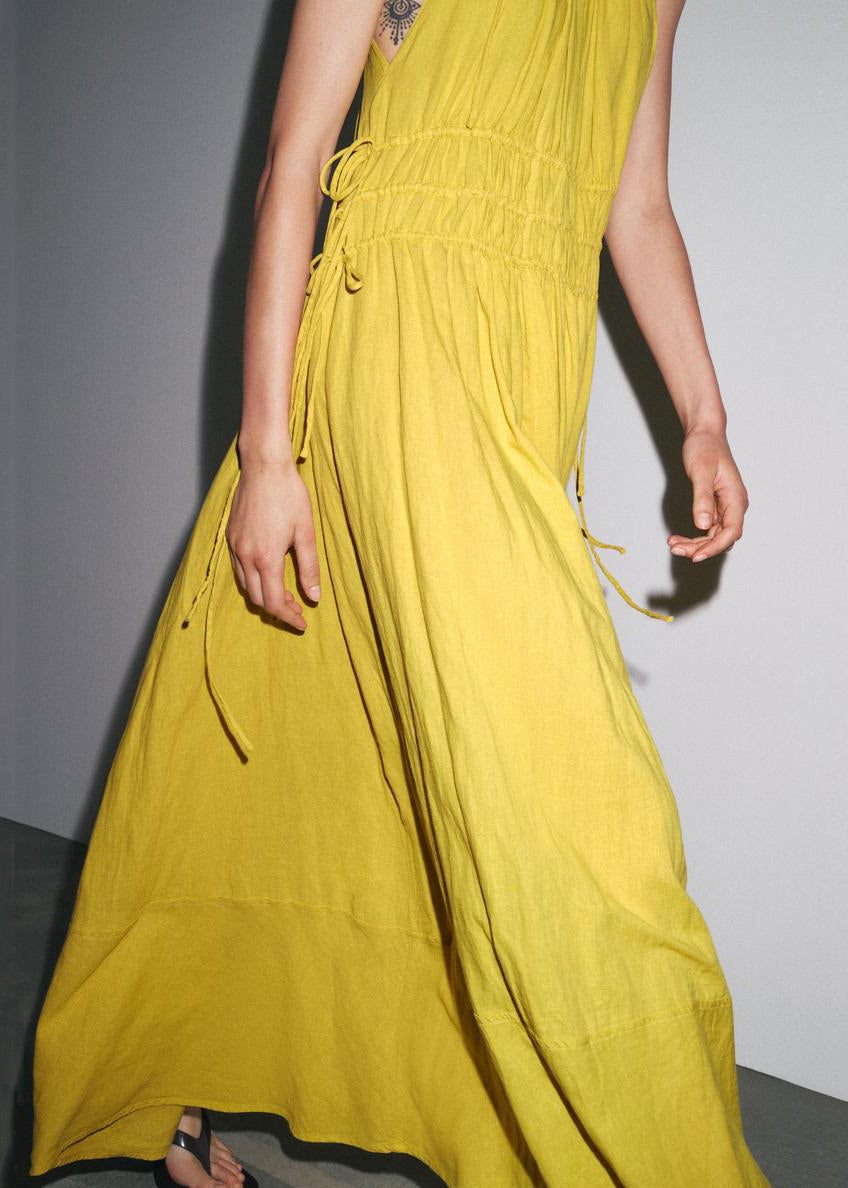 Yellow Wrinkled Lace Up Linen Spaghetti Strap Dress Sleeveless