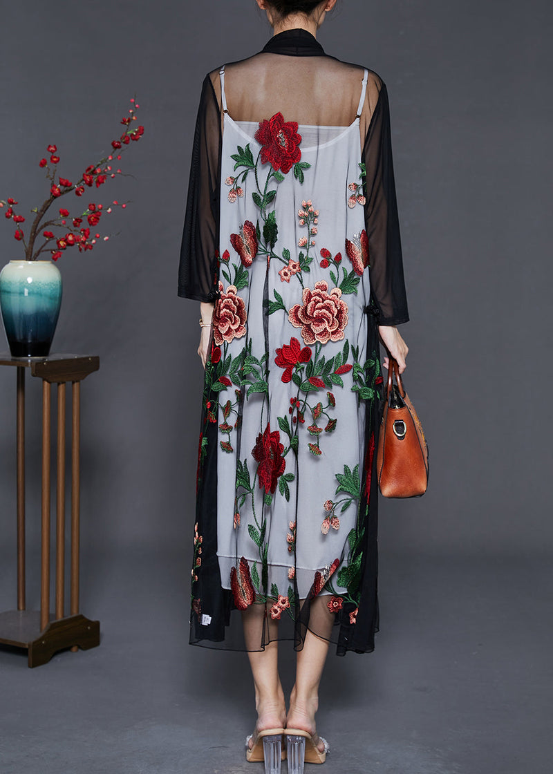 Classy Black Embroidered Tulle Loose Cardigan Summer