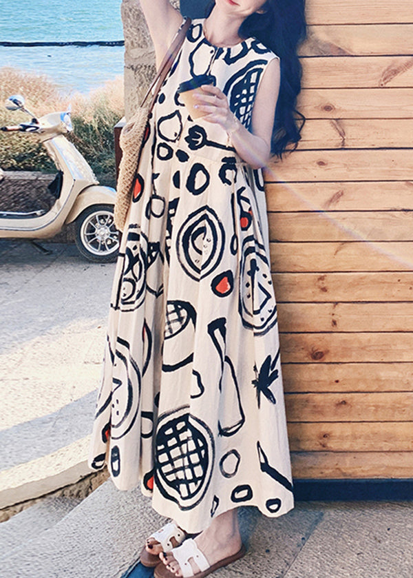 O Neck Graffiti Print Cotton Long Dress Sleeveless