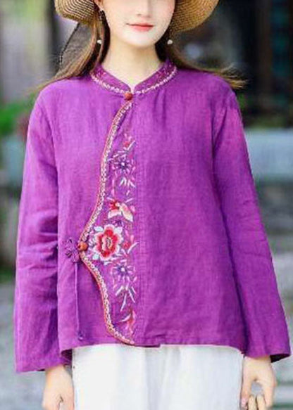 Oriental Blue O-neck Tie Waist Embroideried Linen Tops Spring