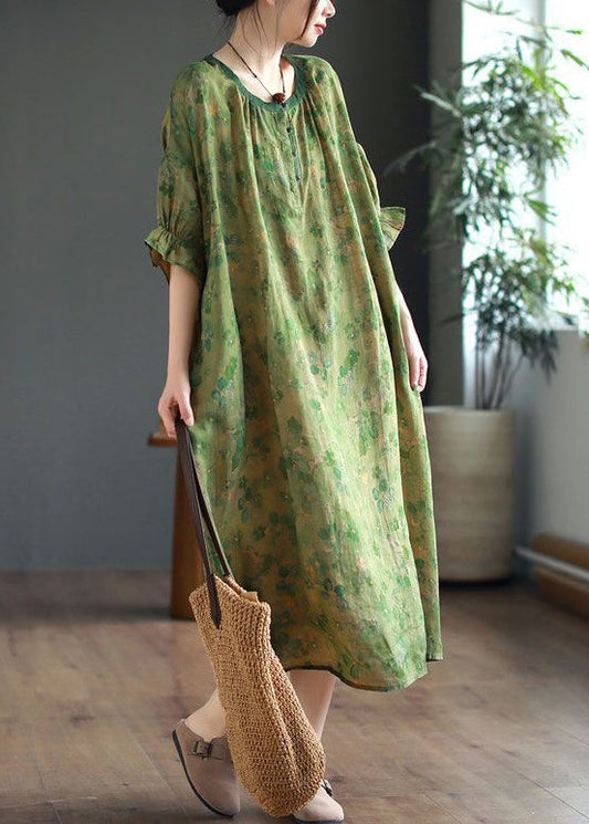 Green Ruffled Lace Up Print Linen Dress Half Sleeve