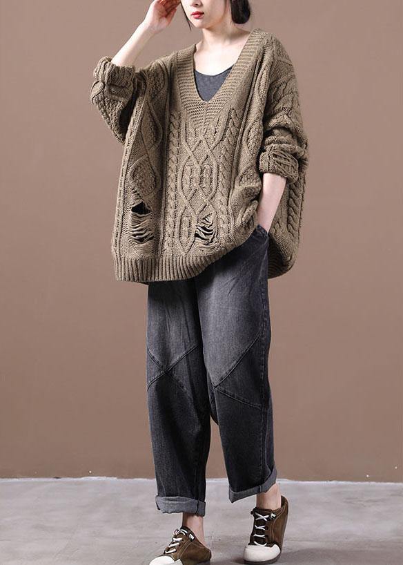 Khaki Hole V Neck Fall Cozy Sweater