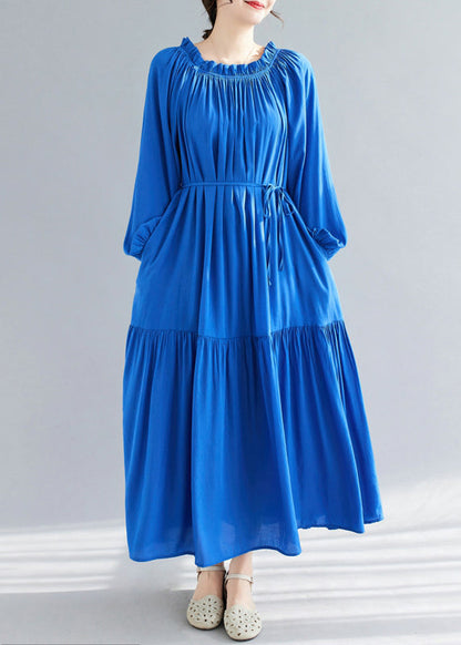 Blue O-neck Ruffled Patchwork Chiffon Maxi Dress Spring