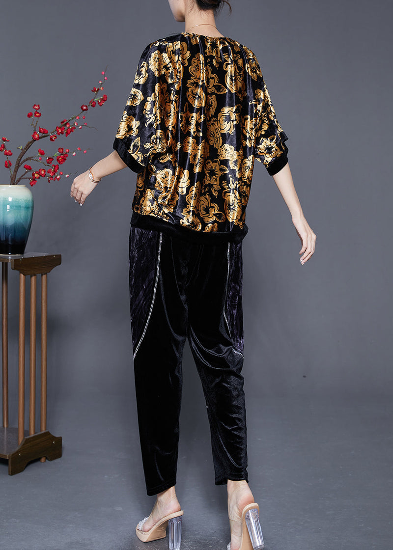 Diy Golden Oversized Zircon Silk Velour Two Pieces Set Summer
