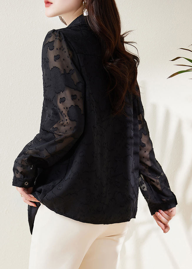Black Jacquard Draping Chiffon Shirt Spring
