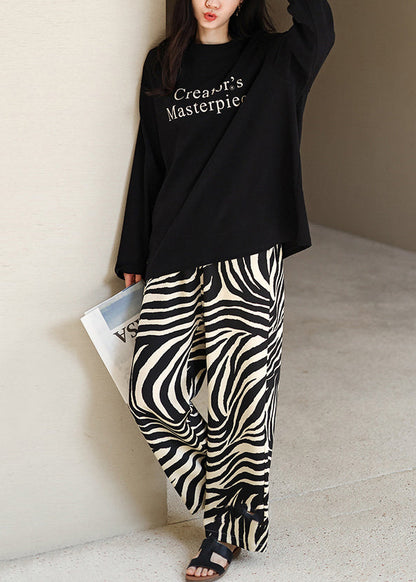Black O-neck Graphic T Shirts and Straight Pants Two Pieces Set Long Sleeve
