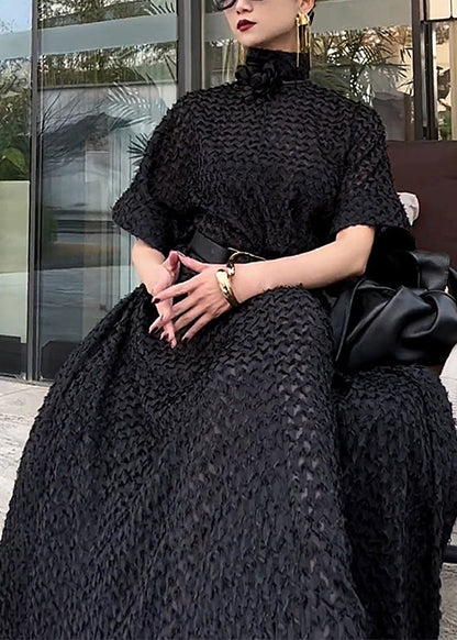 Black Hign Neck Tie Waist Cotton Dresses Fall