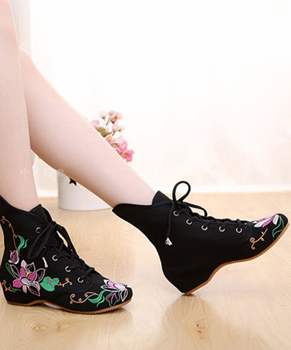 Cross Strap Embroideried Ankle Boots Black Cotton Fabric