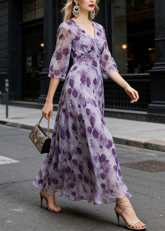 Style Purple V Neck Print Slim Chiffon Vacation Maxi Dresses Spring