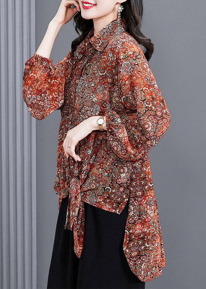 Red Peter Pan Collar Button Print Side Open Chiffon Shirt Tops Long Sleeve