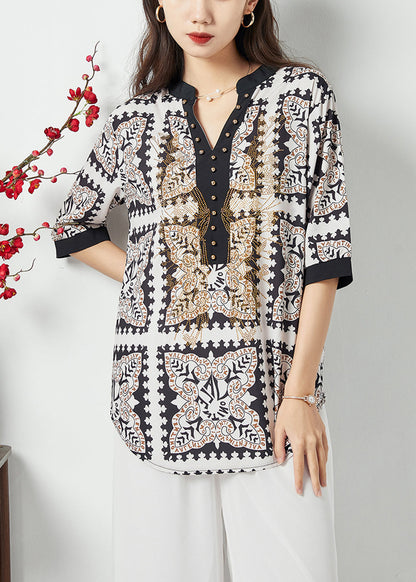 Black V Neck Print Draping Chiffon Blouses Summer