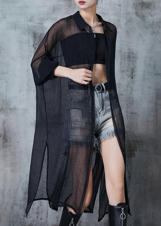 Black Oversized Hollow Out Tulle Long Cardigan Summer