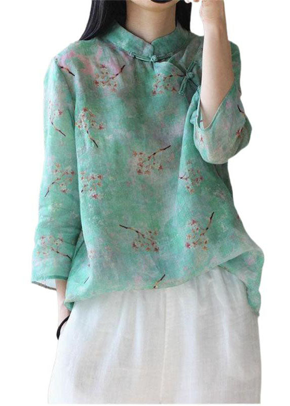 Light Green Button Stand Collar Print Tops Spring