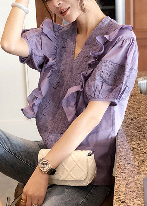 Purple V Neck Ruffled Patchwork Cotton Tops Lantern Sleeve