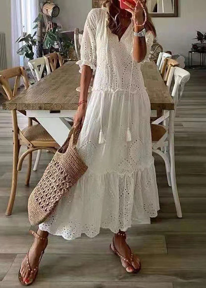 White Ruffled Hollow Out Cotton Party Dress Summer