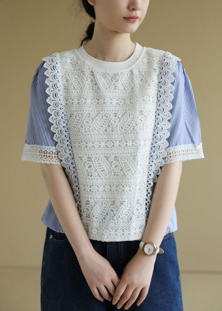 Colorblock O-neck Patchwork Striped Lace Shirt Short Sleeve