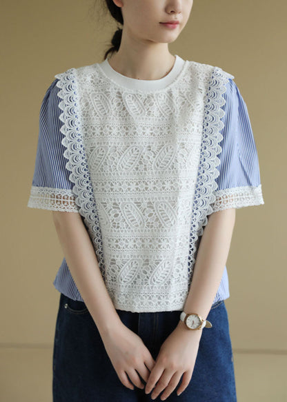 Colorblock O-neck Patchwork Striped Lace Shirt Short Sleeve