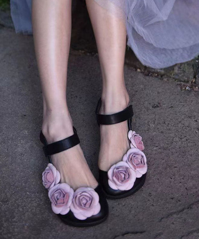 Black Cowhide Leather Classy Buckle Strap Splicing Walking Sandals