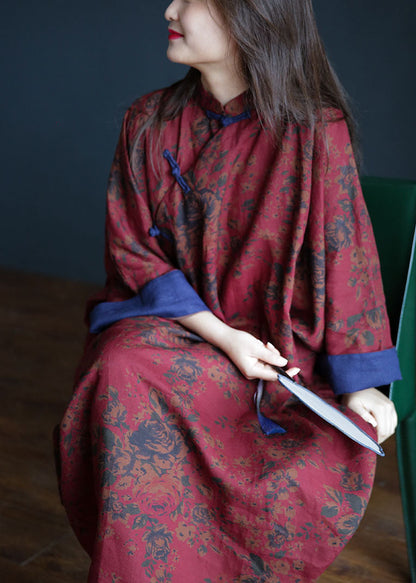 Red Print Chinese Style Cotton Long Dress Spring