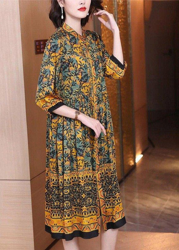 Classy O-neck Print Button Wrinkled Silk Dress Long Sleeve