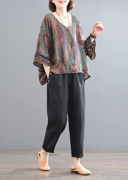 Green Chocolate V Neck Print Cotton Tops and Pants Two Pieces Set Summer