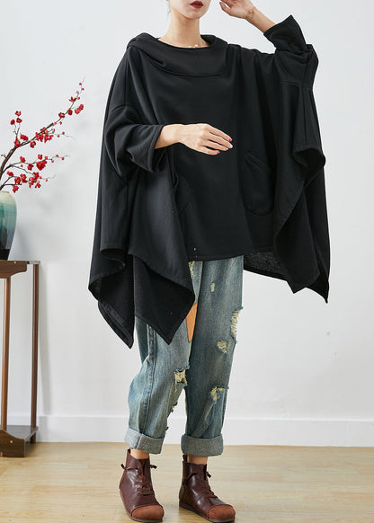 Diy Black Hooded Oversized Asymmetrical Exra Large Hem Cotton Sweatshirts Top Summer