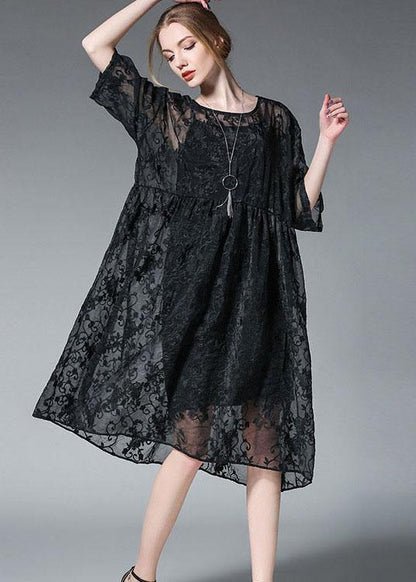 Black Wrinkled Hollow Out Summer Dress