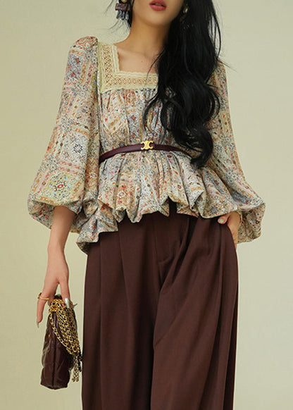 Square Collar Print Lace Up Patchwork Cotton Blouses Fall