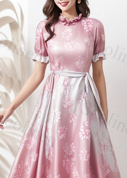 Unique Gradient Pink Ruffled Print Loose Silk Dresses Summer