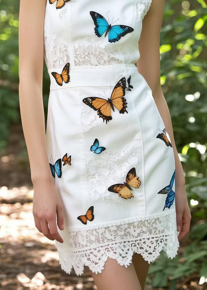 White Butterfly Patchwork Lace Wraped Dress Sleeveless