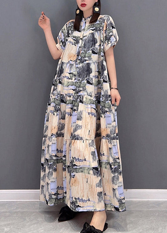 Stand Collar Button Print Patchwork Wrinkled Chiffon Long Dress Short Sleeve