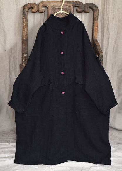 Black Stand Collar Pockets Linen Coat Fall