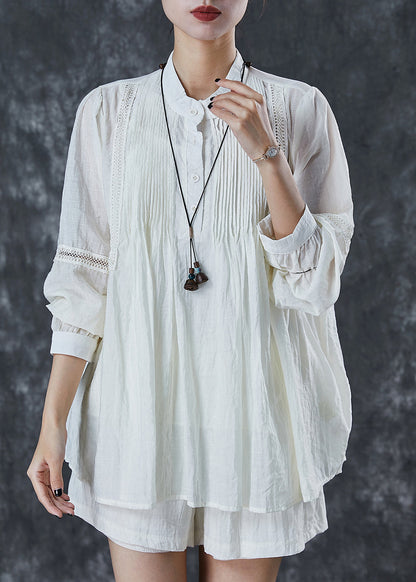 White Lace Patchwork Wrinkled Cotton Two Pieces Set Summer