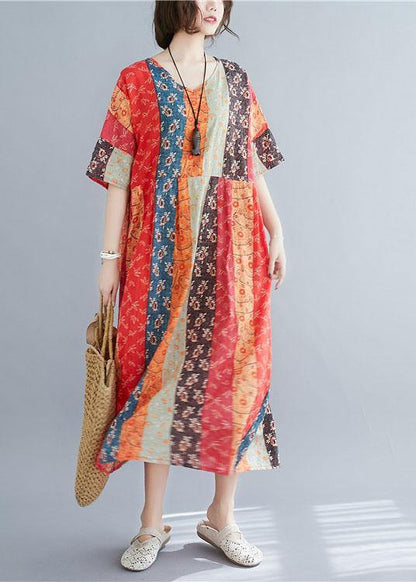 Natural Colorblock Print O-neck Summer Maxi Dresses Half Sleeve