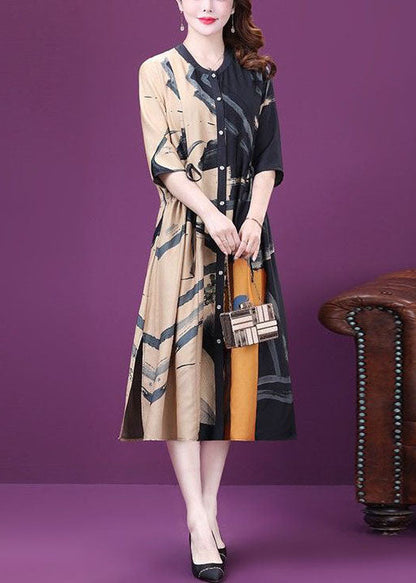 Colorblock Drawstring Side Open Print Silk Dresses Summer