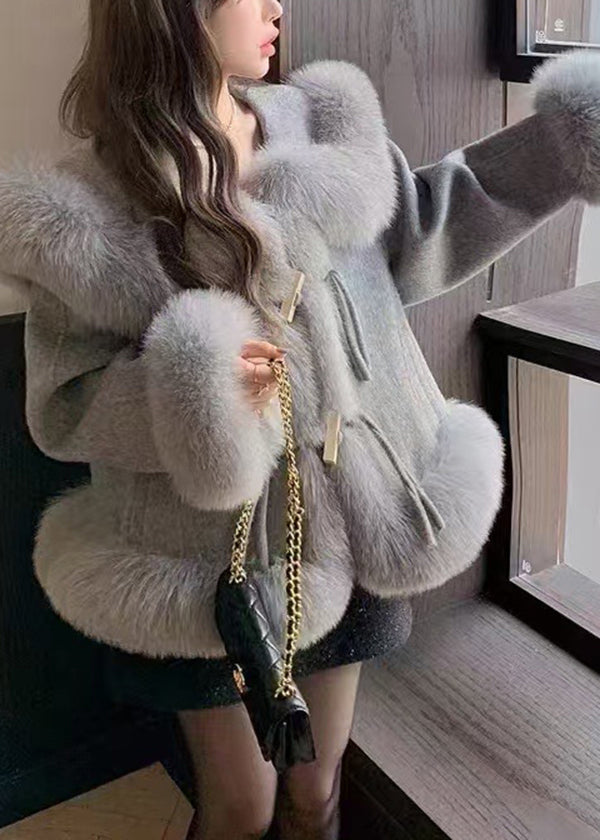 Grey Fox Collar Patchwork Woolen Short Coat Spring