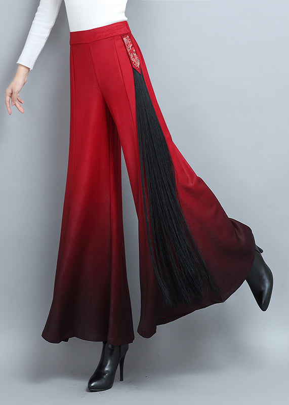Red Embroidered High Waist Cotton Wide Leg Pants