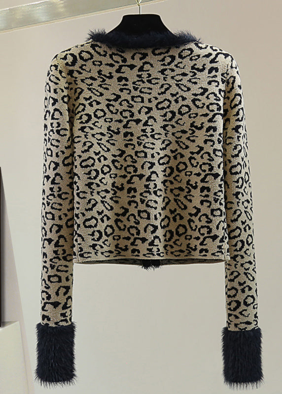 Leopard V Neck Print Patchwork Cotton Knit Sweater Winter