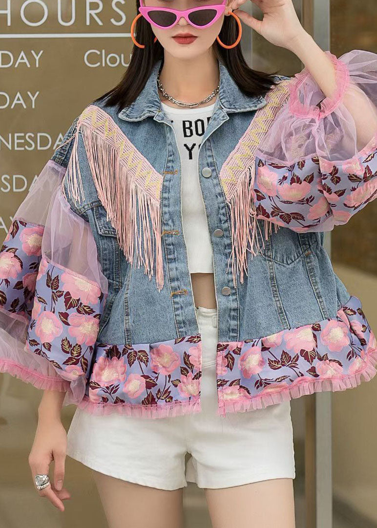 Blue Lantern Sleeve Patchwork Button Fall Denim Jackets