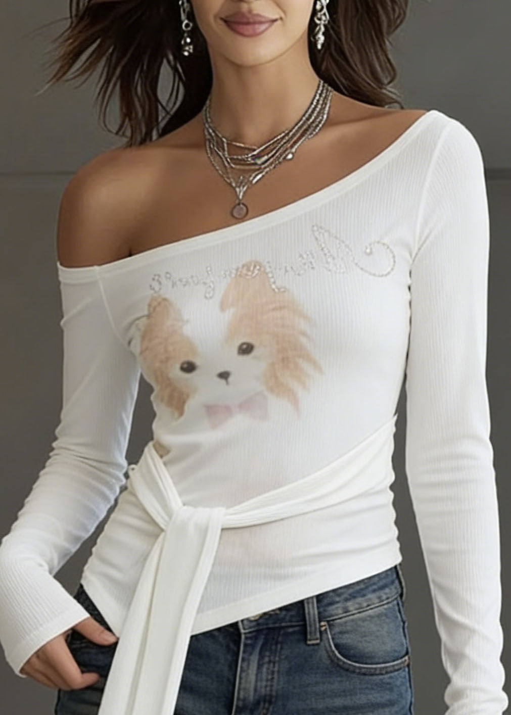 White Cold Shoulder Print Zircon Cotton Tops Spring