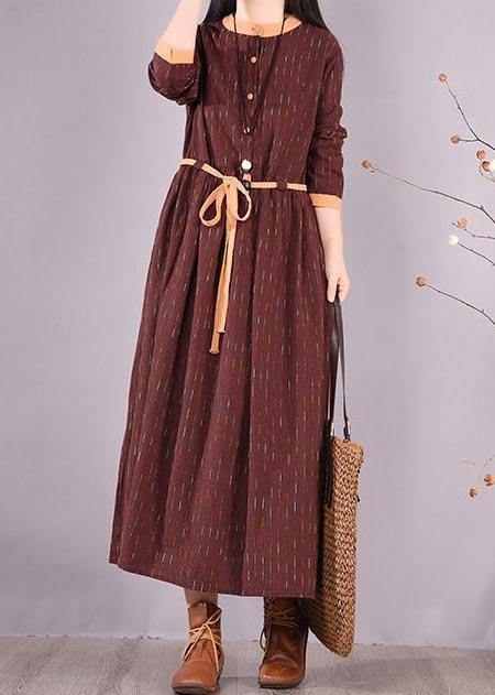 Modern O Neck Tie Waist Spring Wardrobes Shirts Burgundy Striped Dresses