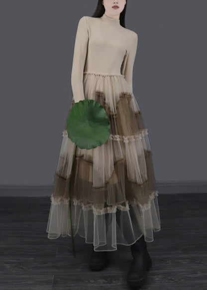Apricot Ruffled Tulle Patchwork Slim Fit Long Dresses Asymmetrical